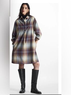 COS Checked Wool Blend Shirt Dress Blue Beige Brown Size EU 40 US 10